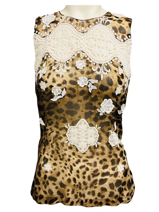 Dolce & Gabbana Tops - DOLCE & GABBANA TAN / BROWN / BLACK / WHITE FLORAL LACE EMBELLISHED SLEEVELESS L